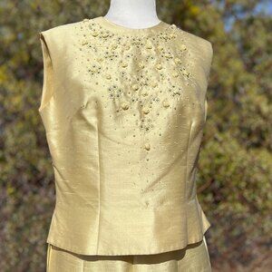 Vintage 60s 3-Piece Slubbed Silk Suit Embellished w/ Rhinestones, Pearls, Sz 14